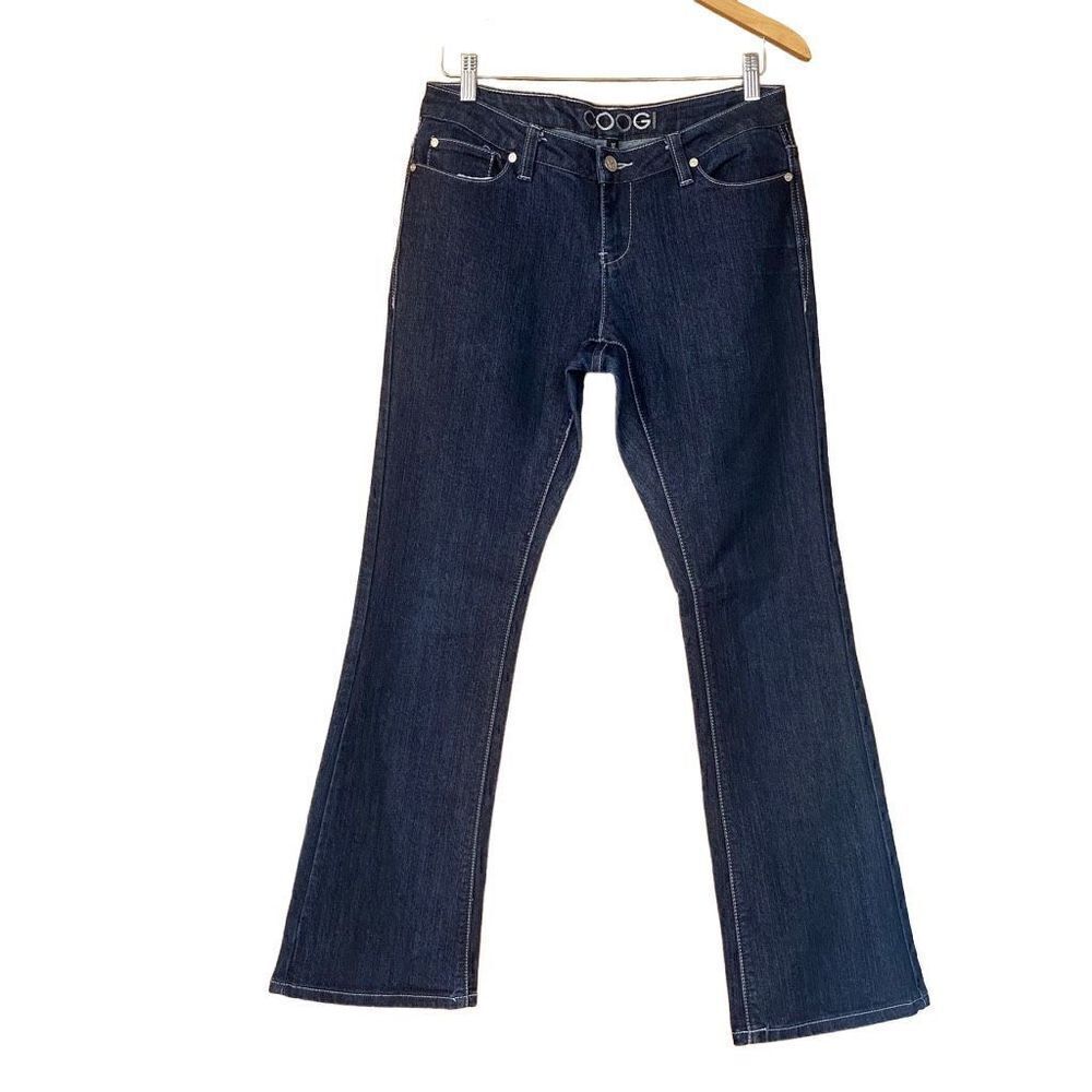 Coogi Dark Wash Boot Cut Flared Jeans Designer Logo Women’s 7/8 Embroidered